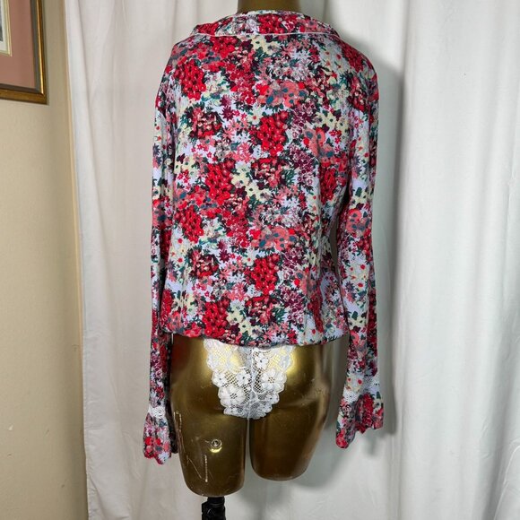 Free People Women's Heat Wave Thong Bodysuit Size Medium Floral Ruffle Blue Red - Picture 5 of 10